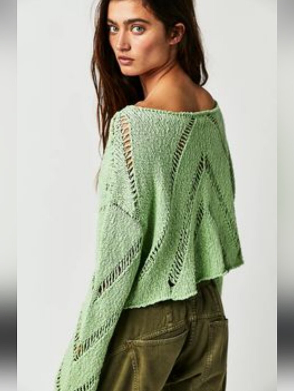 Free People Hayley Green Cropped Open Chevron Knit Rolled Hem Boho Sweater Large